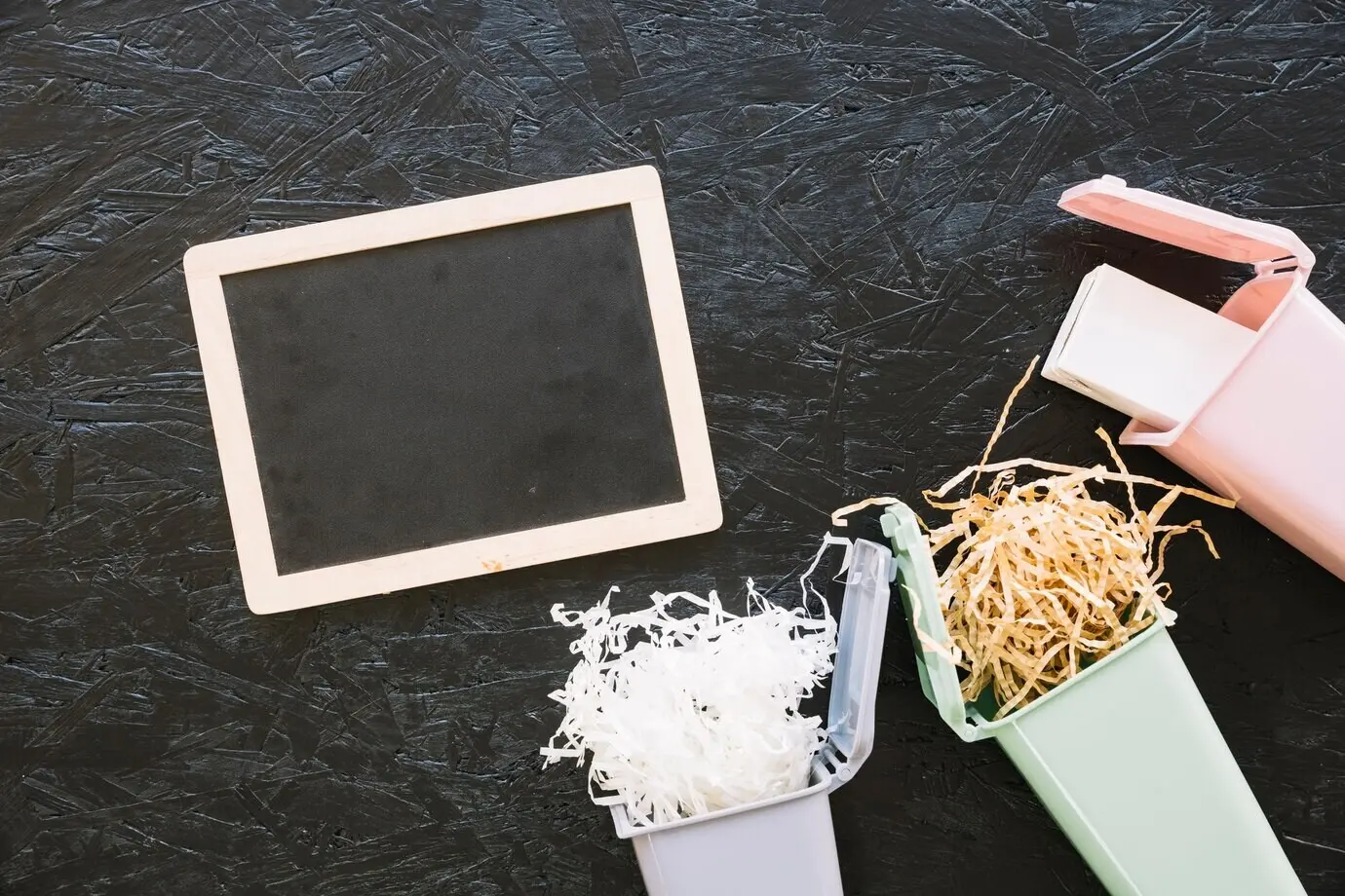 Aufnahme aus erhöhter Perspektive einer Schieferplatte neben einem Miniatur-Mülleimer, der mit Holzspänen und einer Flasche gefüllt ist.
