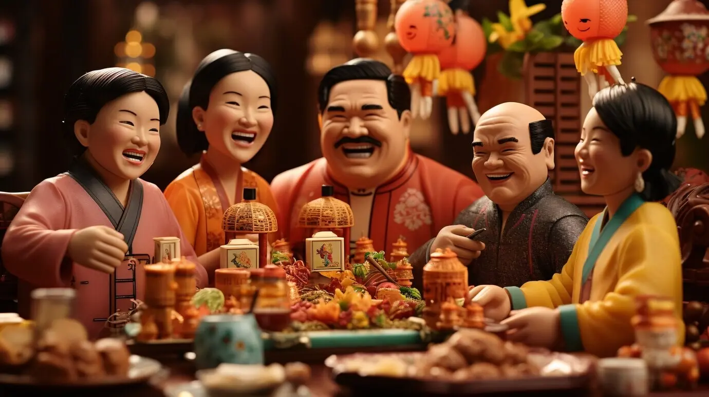 3D-Personen genießen ein Wiedersehensabendessen während der Feier des chinesischen Neujahrs.